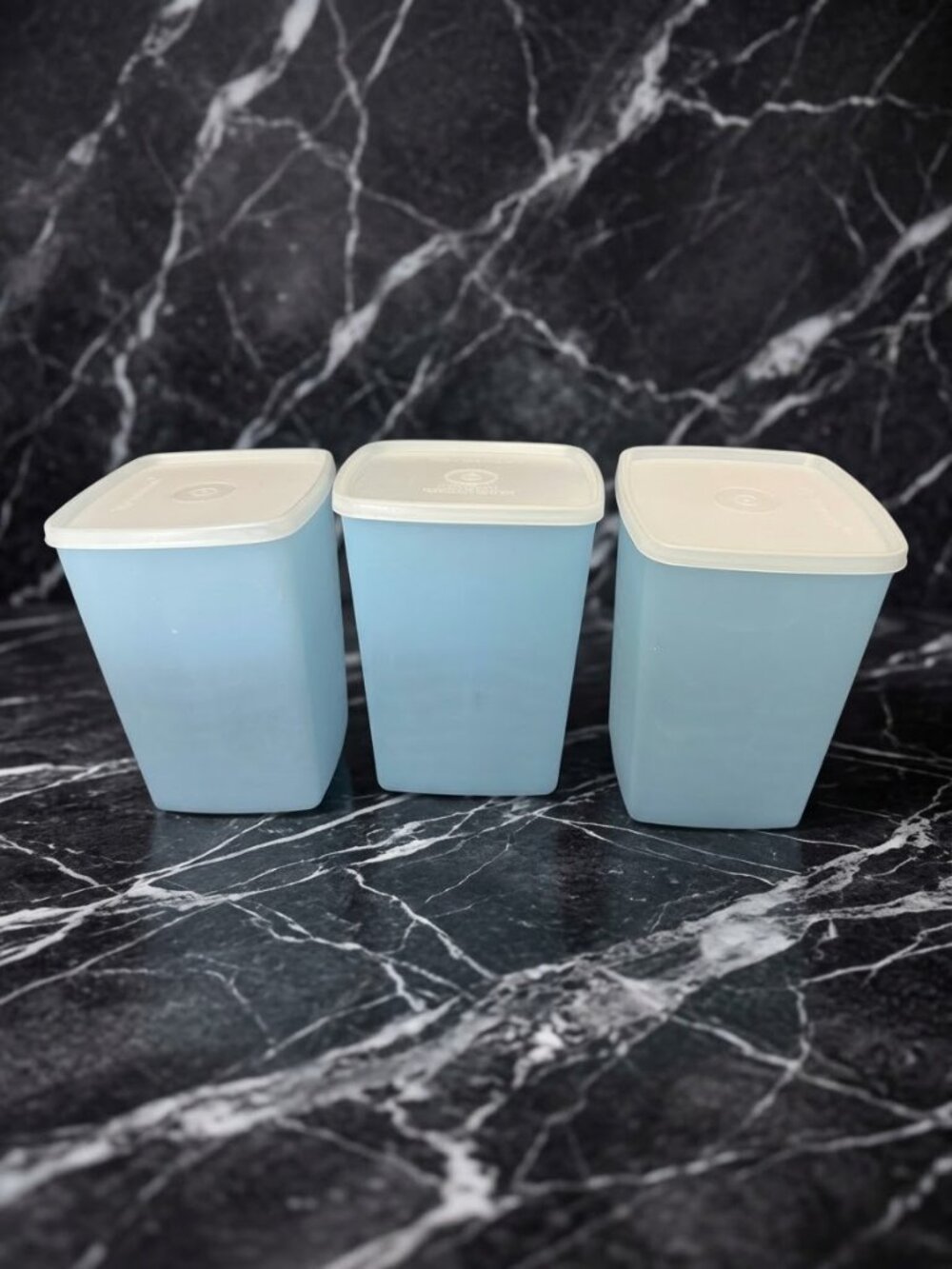 Vintage Tupperware Light Blue Square Storage Containers Lot of 3